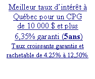 Zone de Texte: Meilleur taux dintrt  Qubec pour un CPG de 10 000 $ et plus 6,35% garanti (5ans)     Taux croissants garantis et rachetable de 4.25%  12,50%
